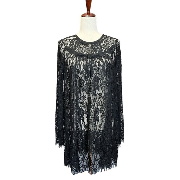 Kimchi Blue Floral Lace Long Sleeve Mini Dress. Fringe Hem. Black Size S #971 - Picture 4 of 9